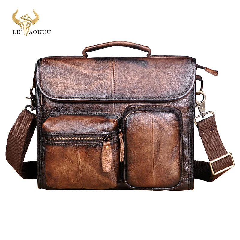 

2020 Genuine Real Leather Male Casual Design Student Messenger Crossbody bag Fashion College Satchel 10" Book bag For Men 202