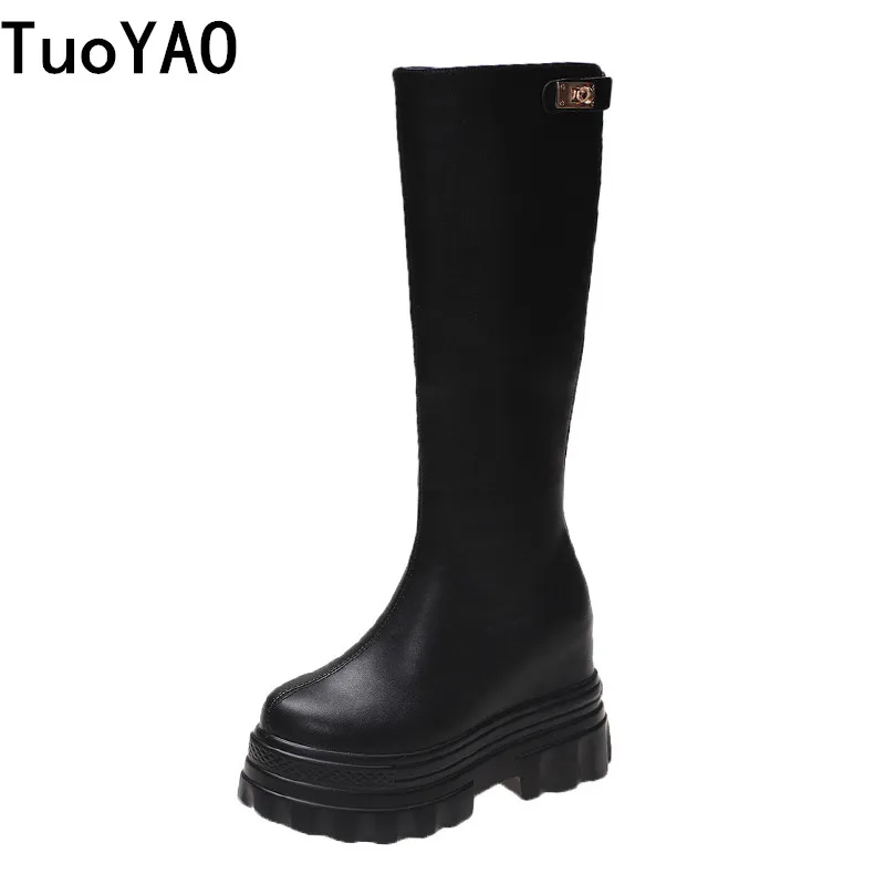 

Зимние женские теплые сапоги до колена на танкетке 11 см, высокие сапоги на платформе и высоком каблуке в стиле панк, женские кожаные кроссов...