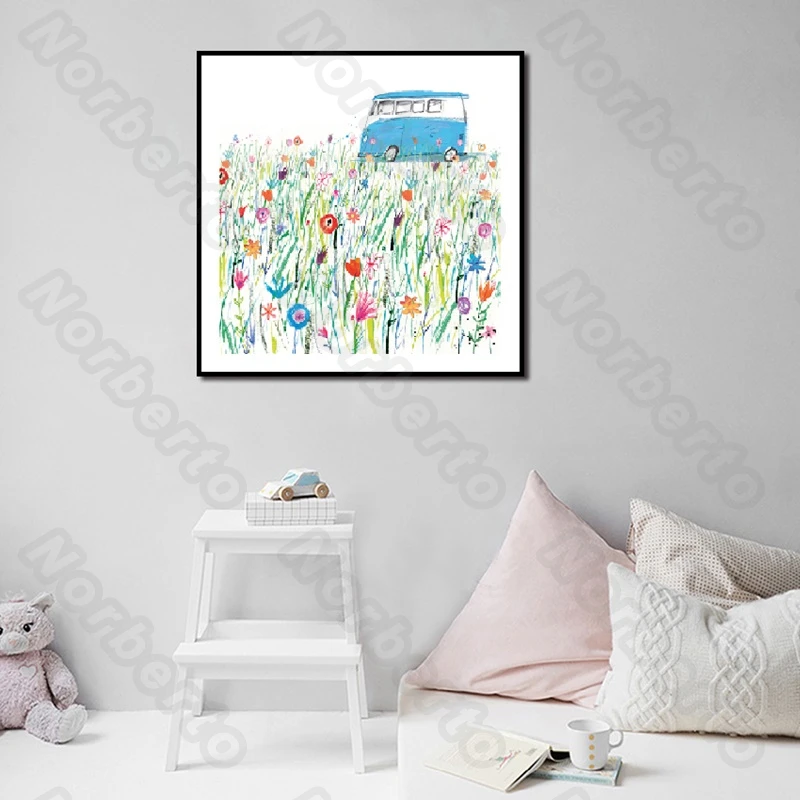 

Canvas Painting and Posters Wall Colorful Small Buckets and Wild Flower Bush a Blue Car for Living Room Bedroom Restaurant Decor