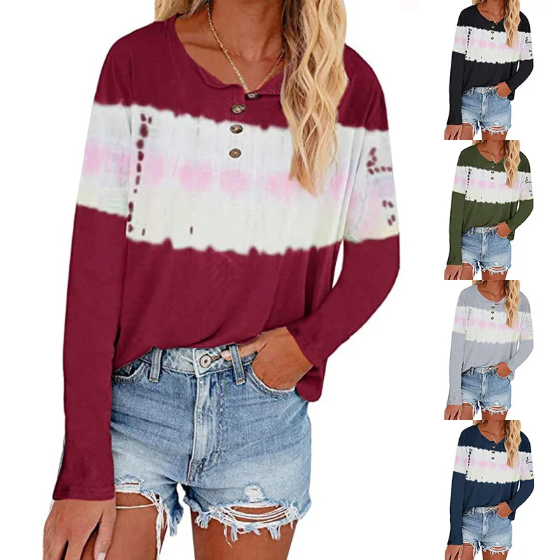

2021 spring and autumn new European and American women's tie-dye printing button long-sleeved round neck T-shirt women
