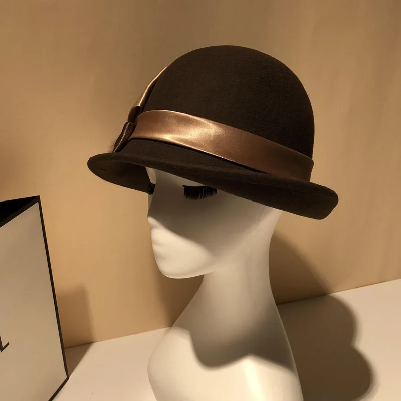 

Evening dinner small hat ladies elegant wool ball British style retro basin hat autumn and winter ladies wool felt hat women