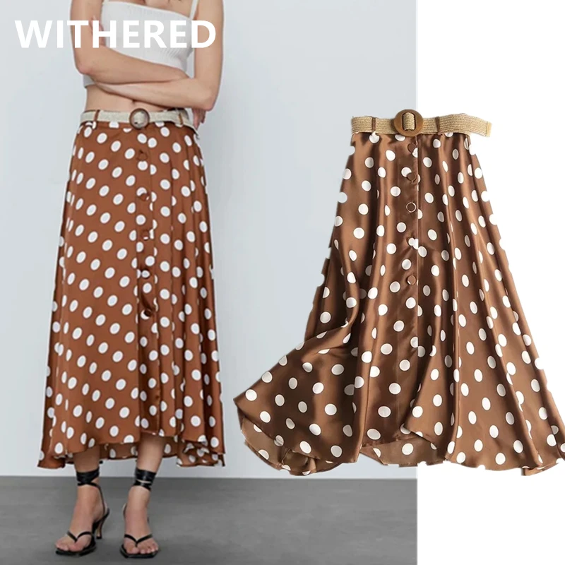 

Jenny&Dave long skirts womens england office lady vintage polka dot high waist sashes loose midi skirt women faldas mujer moda