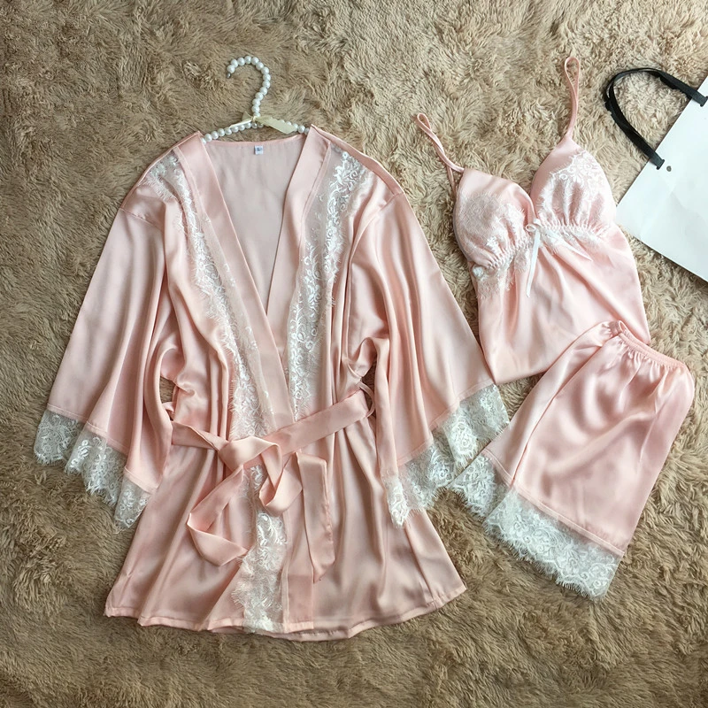 

Sexy Satin Women Solid Kimono Bathrobe Gown Lace 3PCS Sleepwear Faux Silk Summer New Nightgown With Belt Strap Top Nightdress