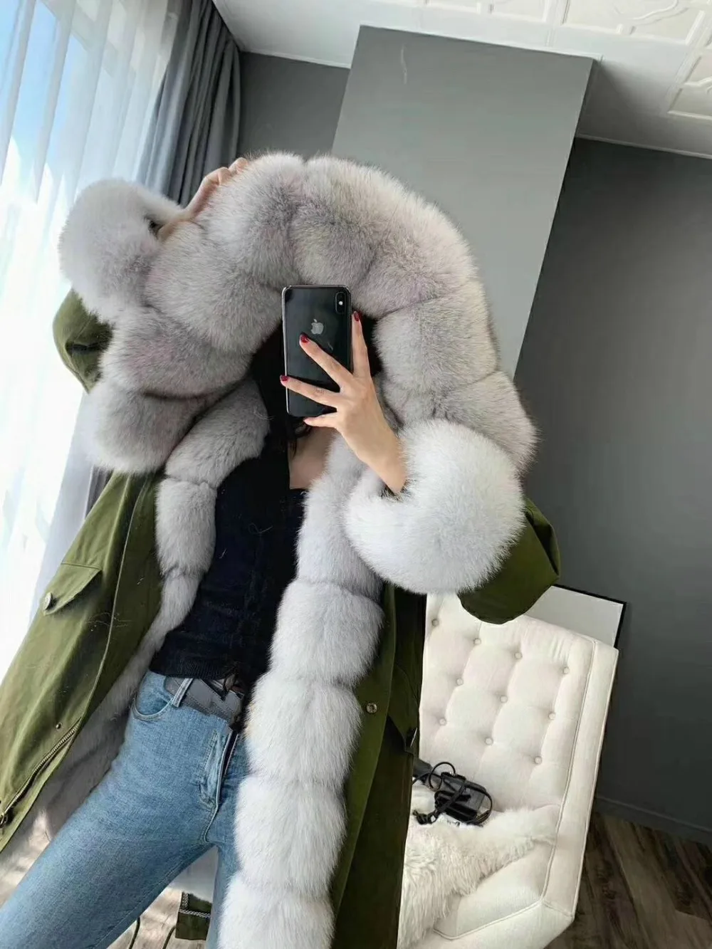 Пальто из натурального меха зимняя куртка женская длинная парка натуральный Лисий меховой капюшон, воротник Рекс подкладка из кроличьего меха Съемная уличная