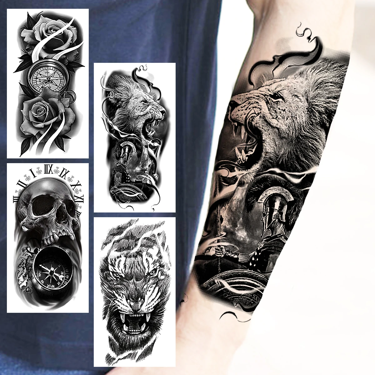 

Black Warrior Lion Temporary Tattoos For Men Women Realistic Dahlia Compass Skull Tiger Fake Tattoo Sticker Forearm Tatoos Thigh