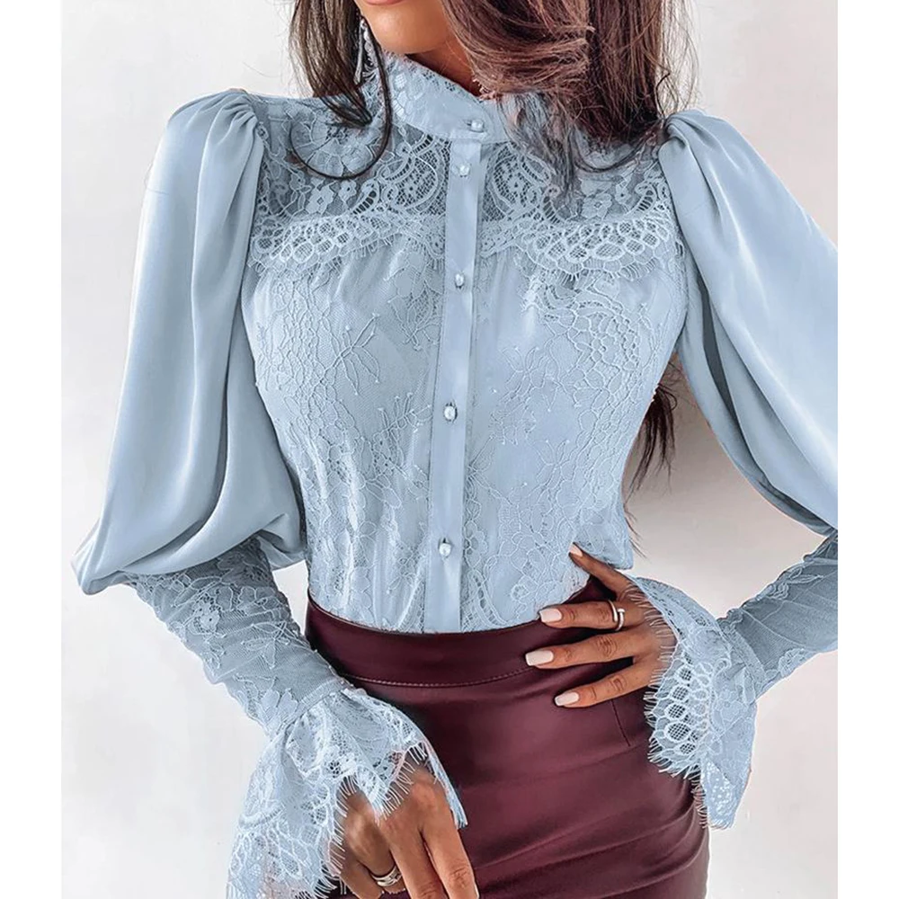 Женская кружевная Лоскутная расклешенная блузка на пуговицах с рукавами