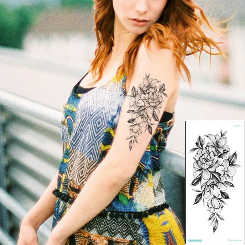 Искусственная черная Татуировка пиона наклейка для боди арта эскиз красивый