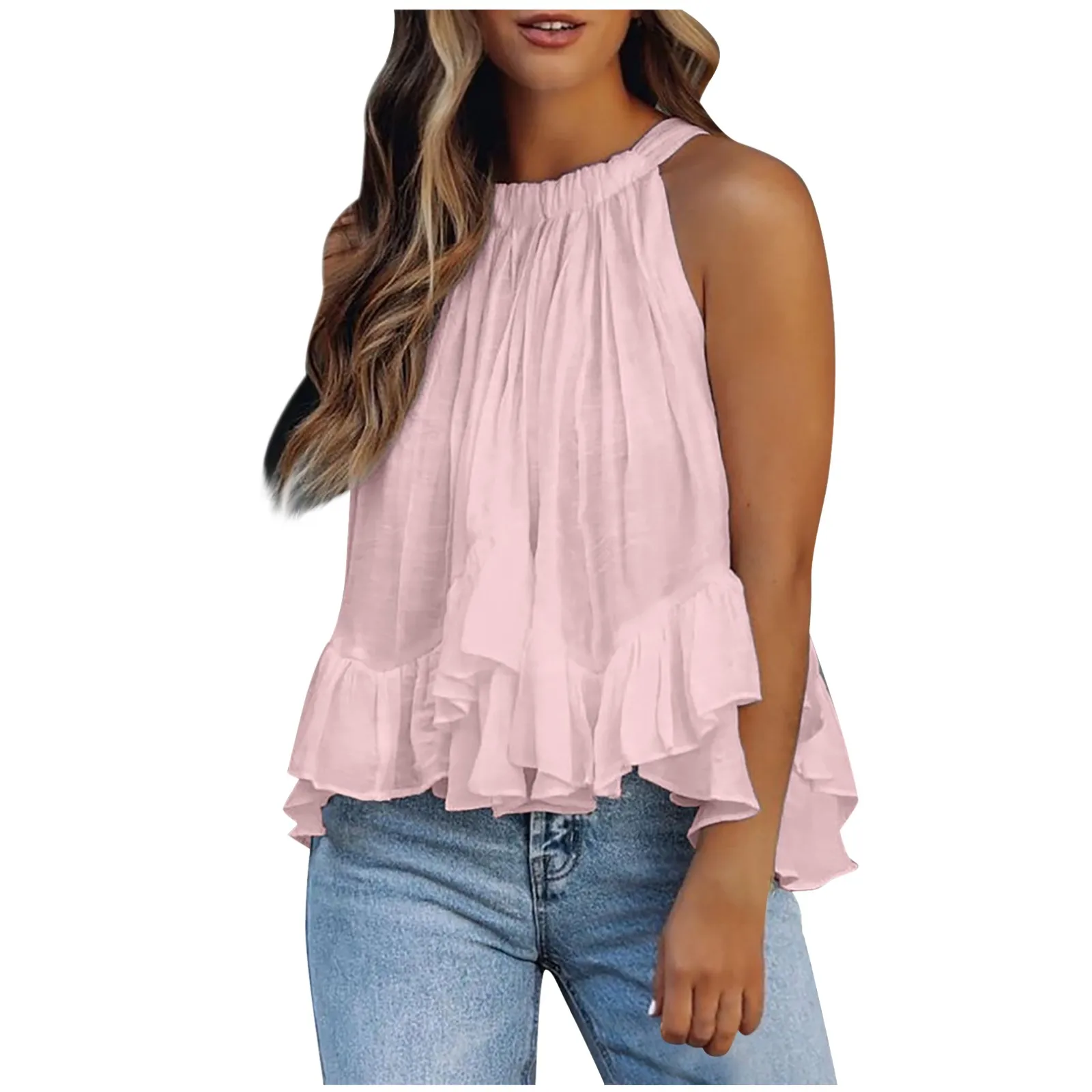 

40# Sexy Halter Ruffles Sleeveless Blouse Elegant Vest O-neck Solid Shirt Summer 2021 Tank Top Loose Chiffon Women's Blouse