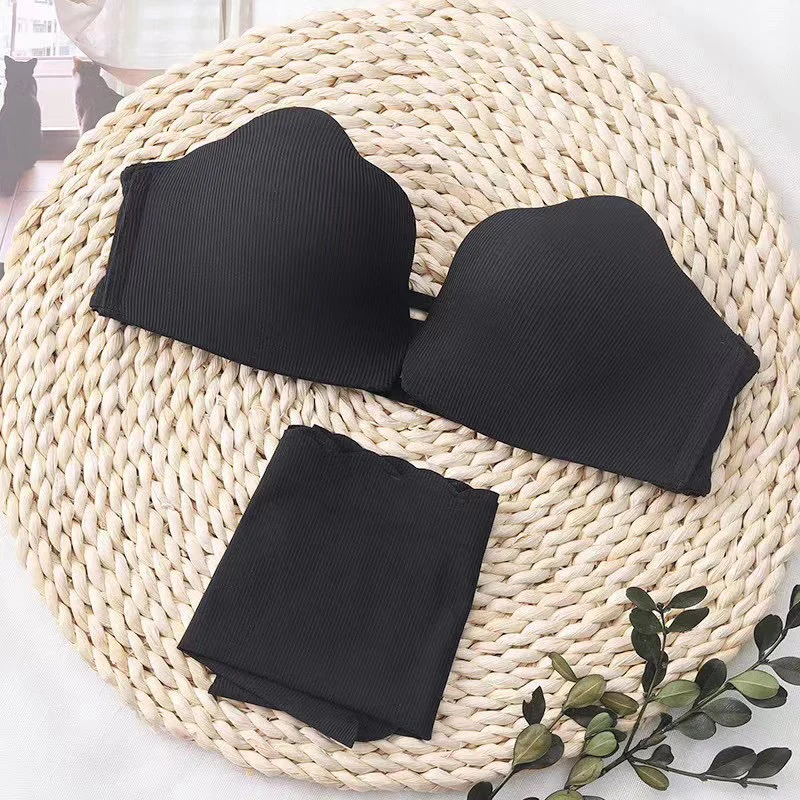 

Ront Button Beautiful Back Small Chest Deep V Gathered Underwear Thin Candy Shell Strapless Bra Suit