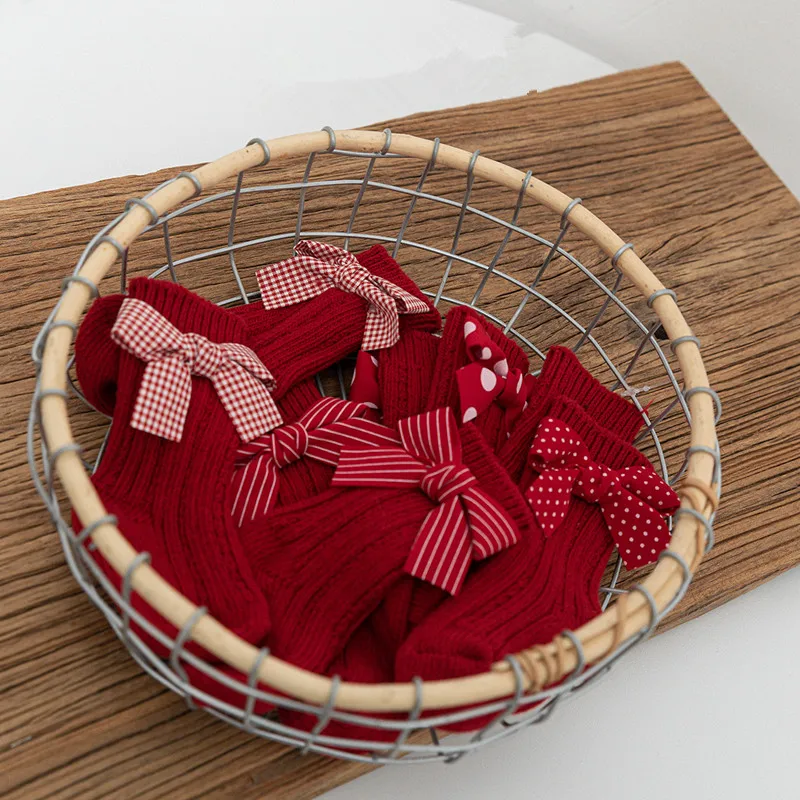 1 пара детские рождественские носки с красным бантом в полоску горошек | Детская