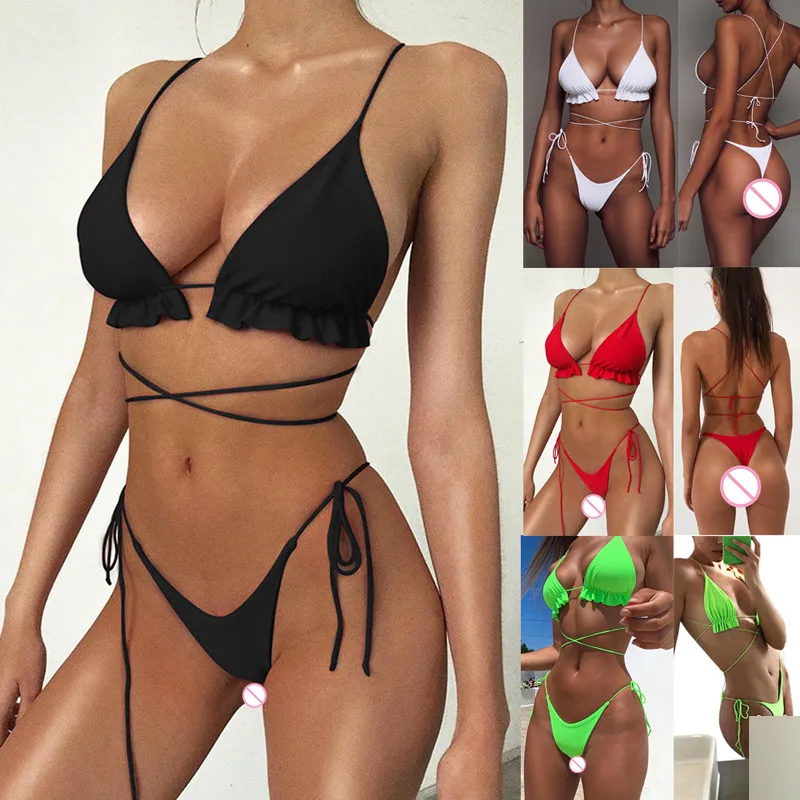

Kayotuas Women Bikini Sets Ruffle Summer Lace-Up Bandage Slim Fit Hot Sale 4 Colors Sexy Ladies Beachwear Swimwear 2Pcs Swimsuit