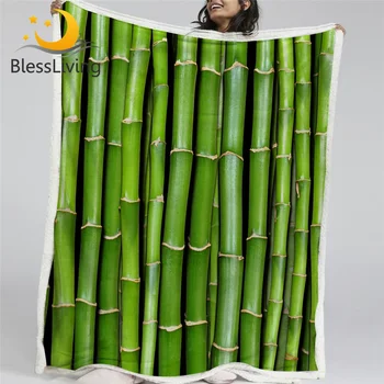 BlessLiving Bamboo Linen Blanket Green Vitality Bedspread 3D Plant Print Sherpa Fleece Blanket Nature Inspired Furry Blanket 1