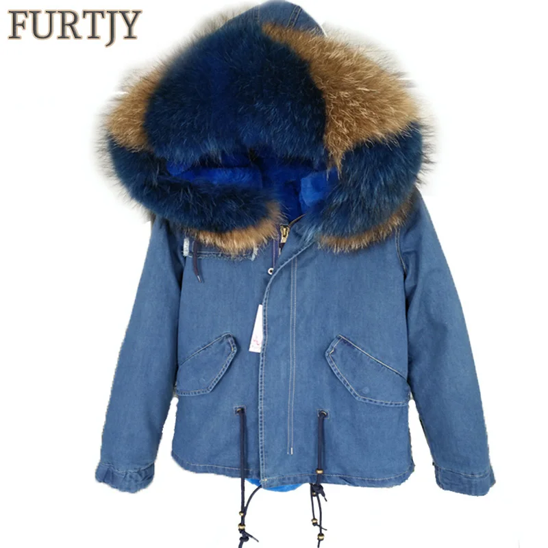 Брендовая Новинка 2019 зимняя синяя джинсовая куртка Женская парка меховое пальто