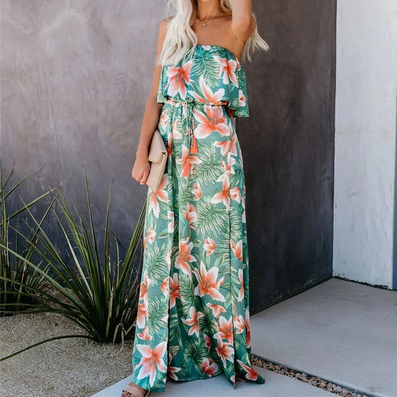 

Bohemian Style Casual Women Print Dress 2002 Summer Strapless Sexy Off Shoulder Long Dress