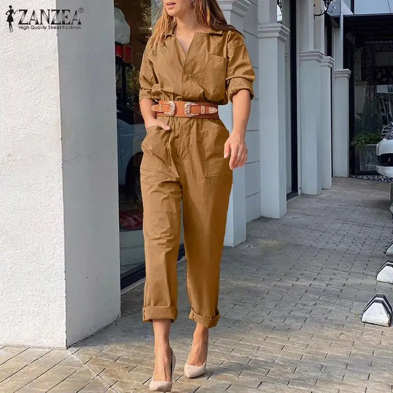 

Casual Lady Wide Leg Playsuit ZANZEA Fashion Maxi Overalls Autumn Lapel Solid Rompers Womens Street Long Sleeve Loose Jumpsuits