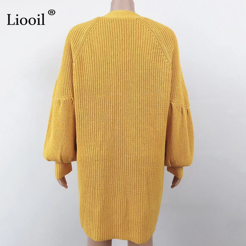 

Liooil Casual Plus Size Long Knit Cardigan Women 2020 Long Sleeve Lantern Sleeve With Pockets Female Solid Autumn Winter Coats
