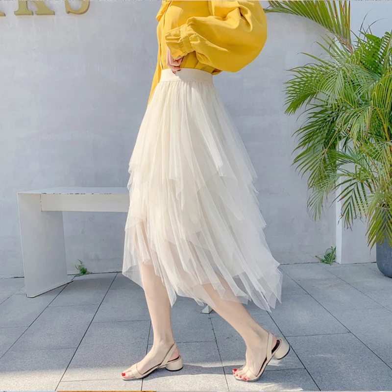 Женская сетчатая юбка средней длины приталенная трапециевидная с высокой талией