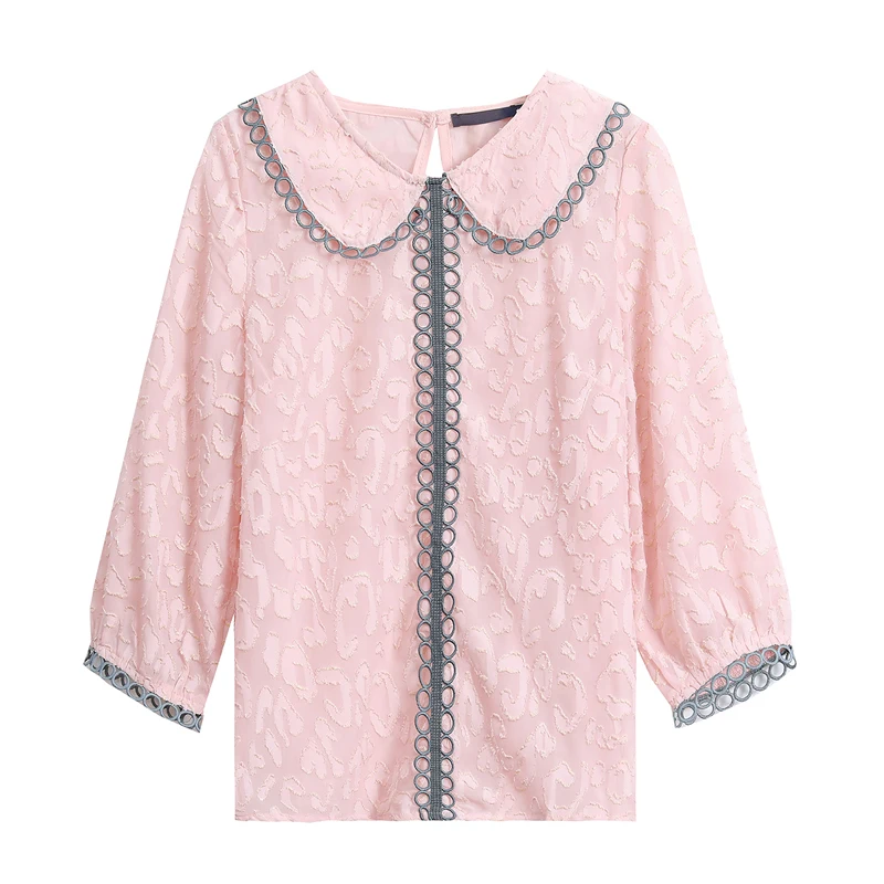 

Lucyever Elegant Pink Women Blouse Autumn Chiffon Korean Loose Peter Pan Collar Ladies Shirts Three Quarter Blusas Mujer De Moda