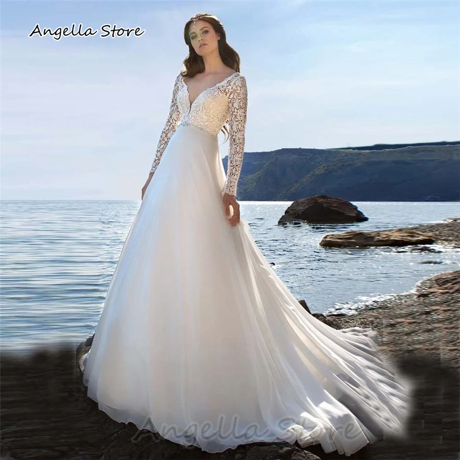 

Кружевные свадебные платья-трапеции с длинным рукавом, модель 2021 года, скромные Индивидуальные свадебные платья, шифоновая юбка для официа...