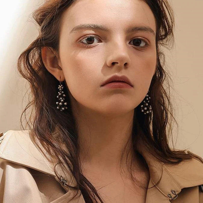 

New Trendy Simple Three Ball Pearl Long Retro National Temperament Geometric Earrings For Female Party Gifts