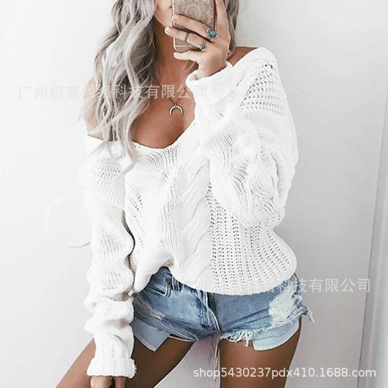 

WEPBEL Autumn Fashion Solid Color Knitted Sweater Women's Casual Long Sleeve V-neck Off-Shoulder Loose Pullover Sweater