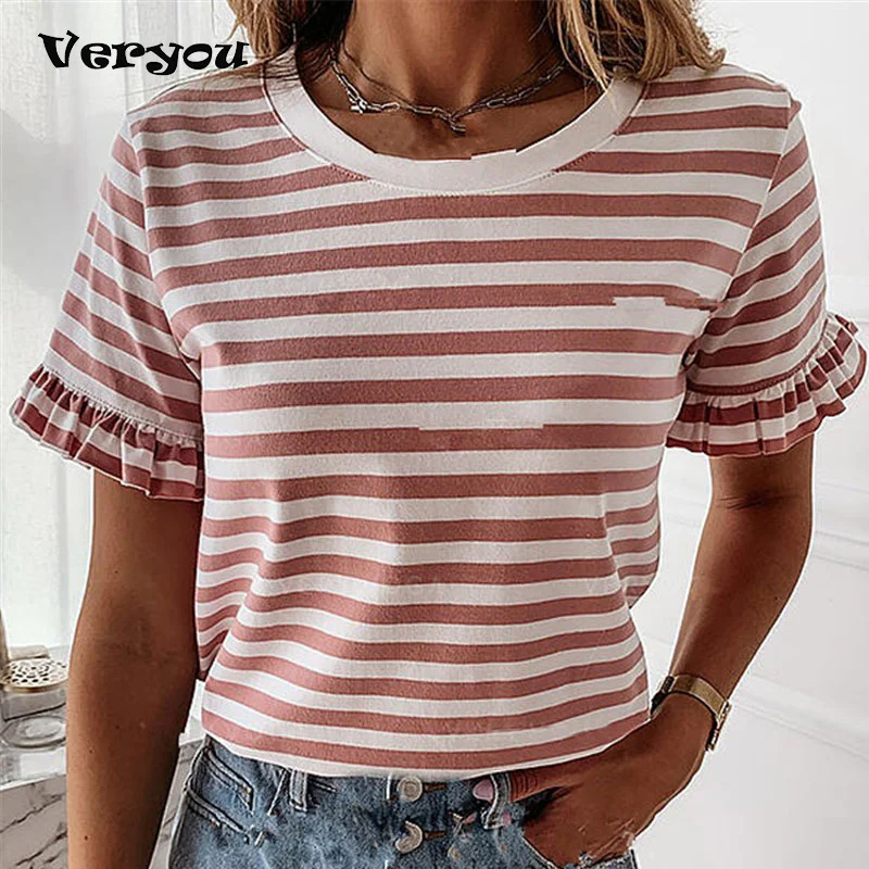 

2021 Women Short Sleeve Stripe Casual Tees Spring Summer 2021 Simple Loose O-neck Basic T Shirt Women Fashion Tops T Shirt