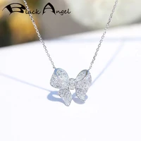 black angel elegant 925 sterling silver luxury white gemstone crystal cz bowknot necklace for women clavicle chain jewelry gift