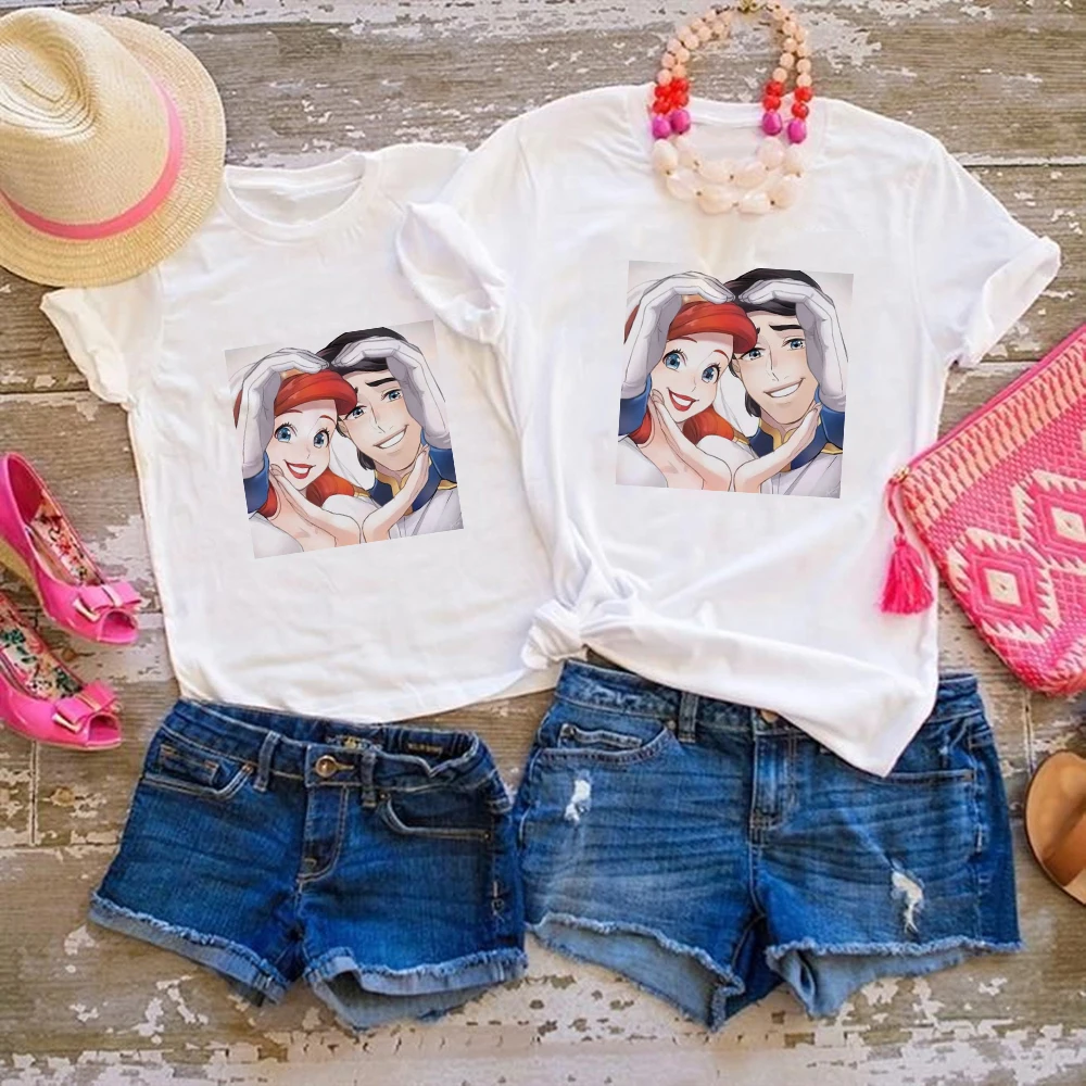 

Disney Ropa Aesthetic Women Tshirt Prince Eric and Ariel Printed Cute Girl Summer Family Clothing Sets Mama and Daughter Equal
