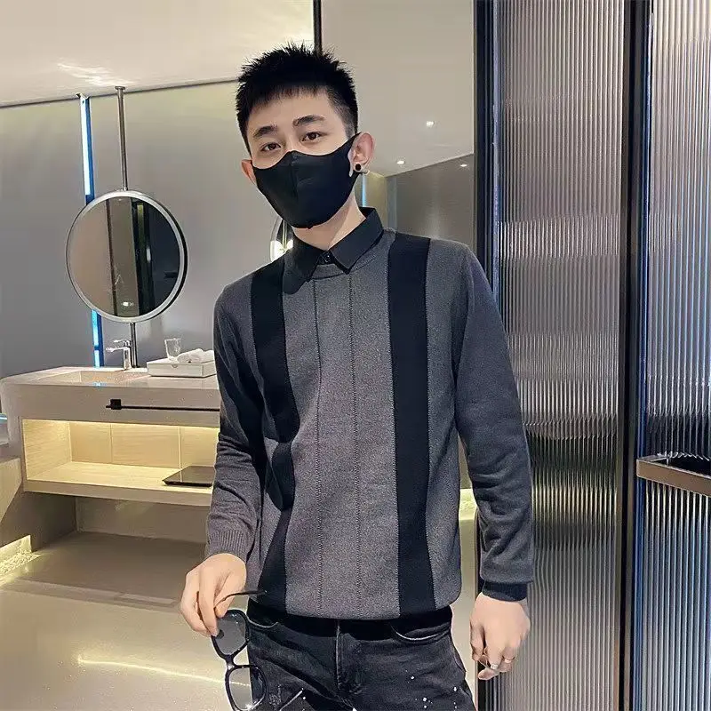 

Fake two-piece sweater men's spring and autumn new slim trend shirt collar men's long sleeve knitted bottoming shirt casual tops