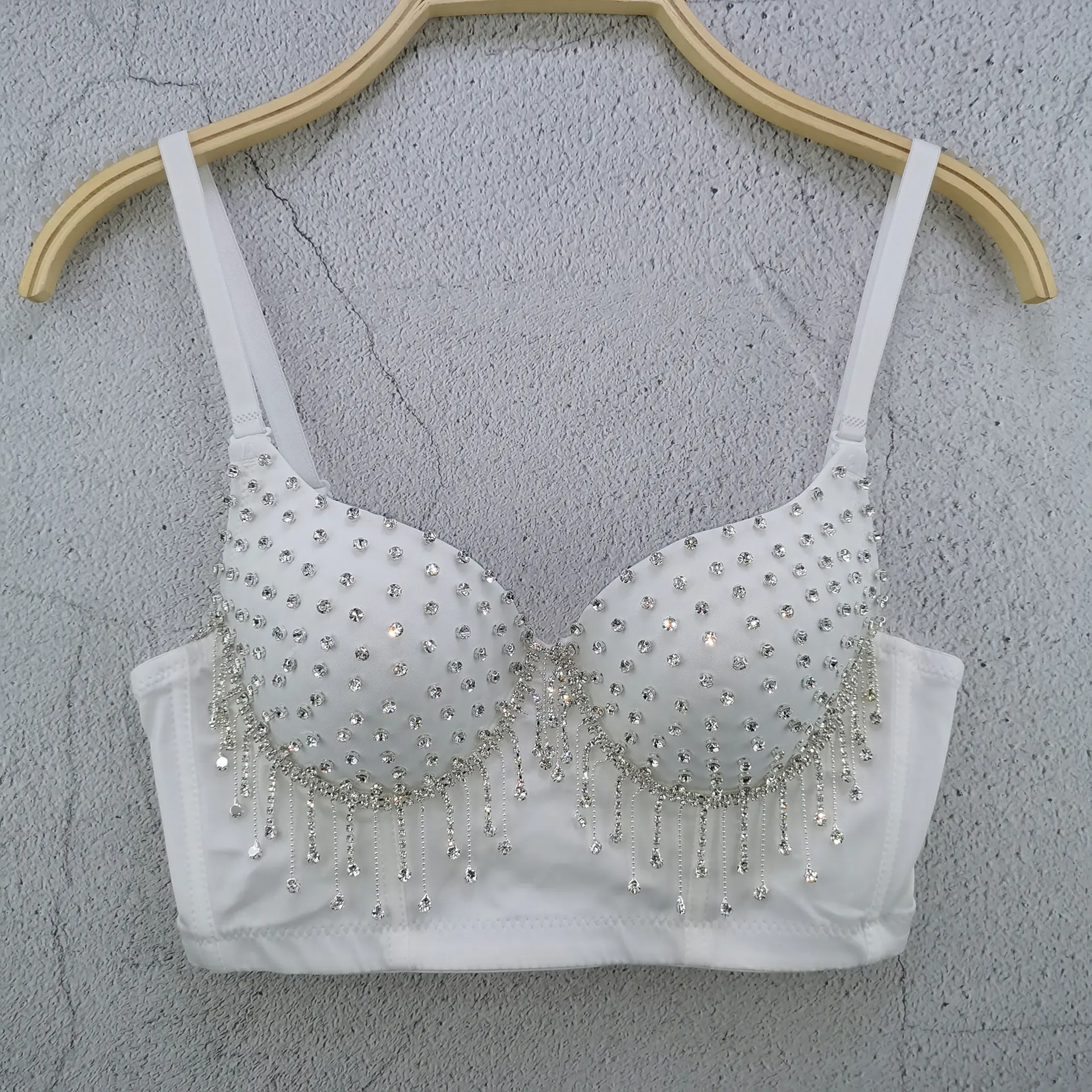 Fashion Women Camisole Top Diamond Crystal Tassels Solid Color Sexy Cropped Top Push Up Bustier Bra Night Club Party Tank Top