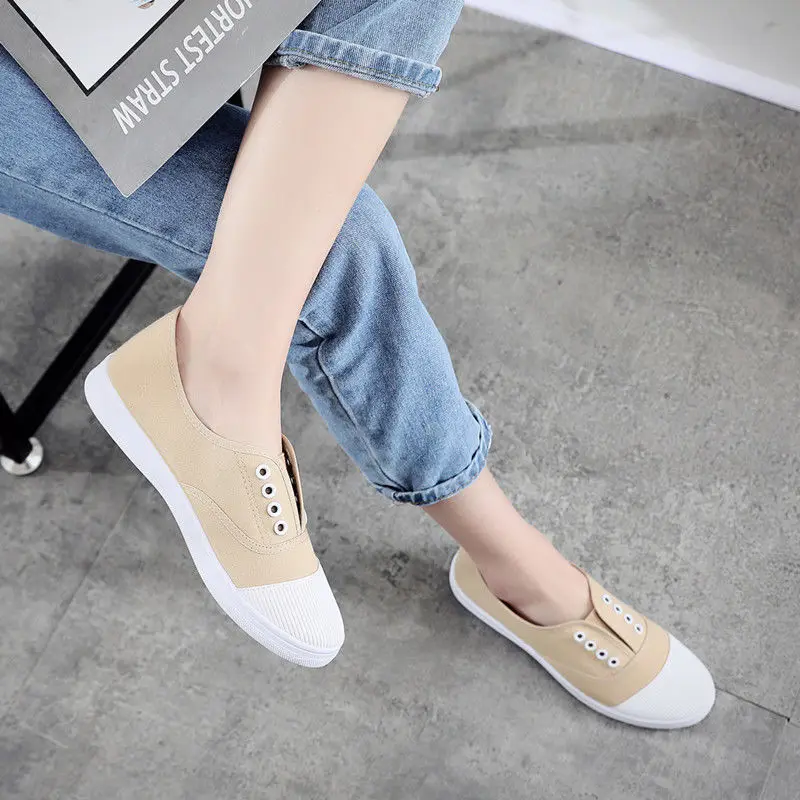Кеды женские без шнуровки удобные холщовые кроссовки плоская подошва однотонные