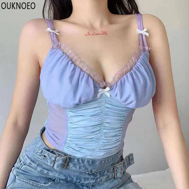 

Women's Sexy Suspender Bow Lace V-Neck Street Nightclub Style Vest Adjustable 2021 Summer Woman Stitching Color Slim Base Top