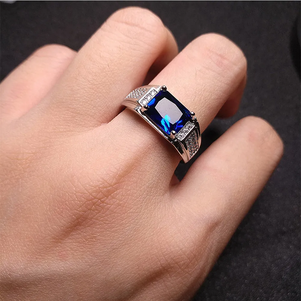 

Blue Crystal Sapphire Topaz Gemstones Zircon Diamonds Rings for Men 18k White Gold Filled Jewelry Bague Trendy Bands Accessories