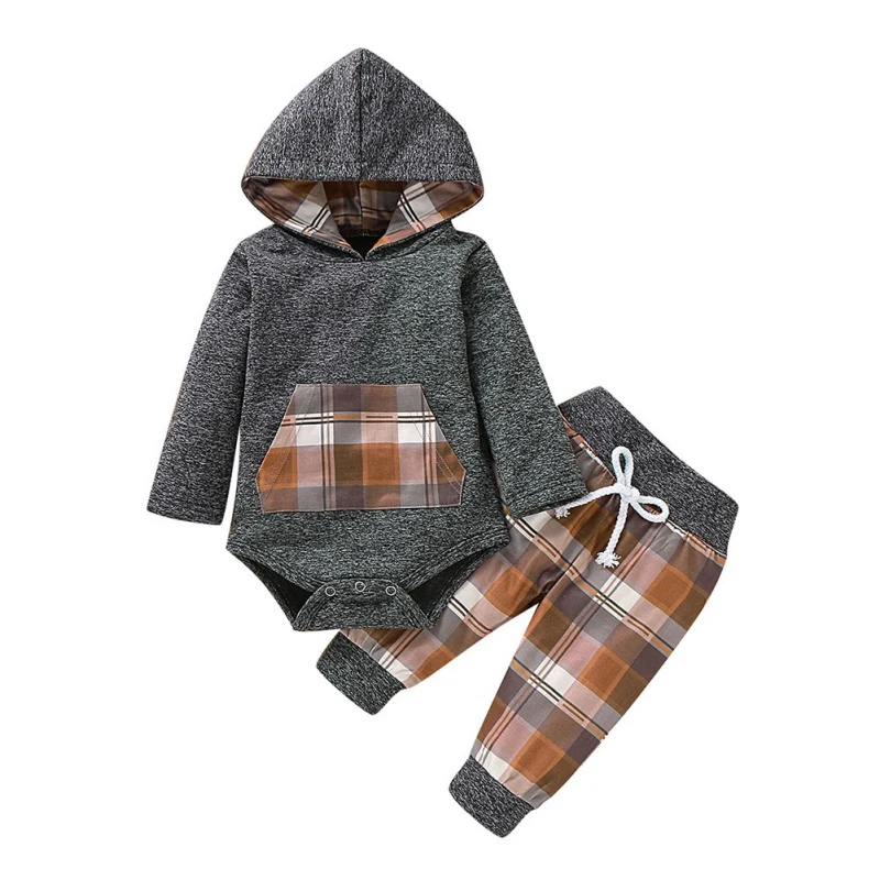 

TAutumn Baby Boy Clothes Set Long Sleeve Plaid Print Hoodie Sweatshirt Romper+Pants Trouser Costume Set Baby Clothes