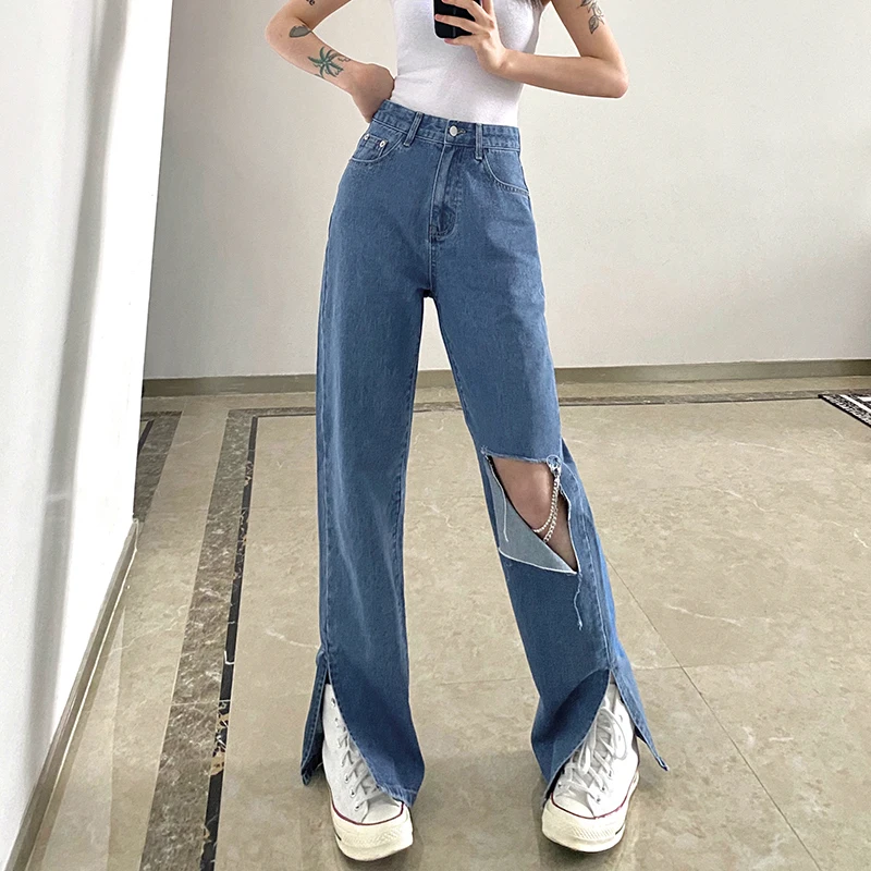 

Stylish Ripped Y2K Jeans For Girls Fashion 2021High Waist Vintage Trouser Frmale Straight Women's Split Denim Pants Streetwear