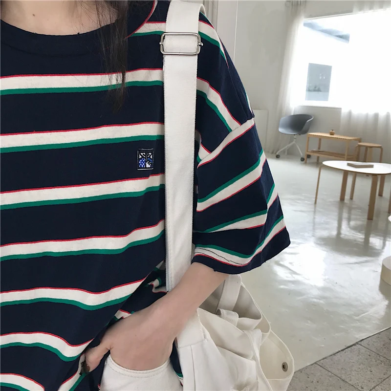 

T-shirts Women Striped Korean Style High Quality Ladies Harajuku Trendy Streetwear Womens Summer Students Casual O-Neck Clothing