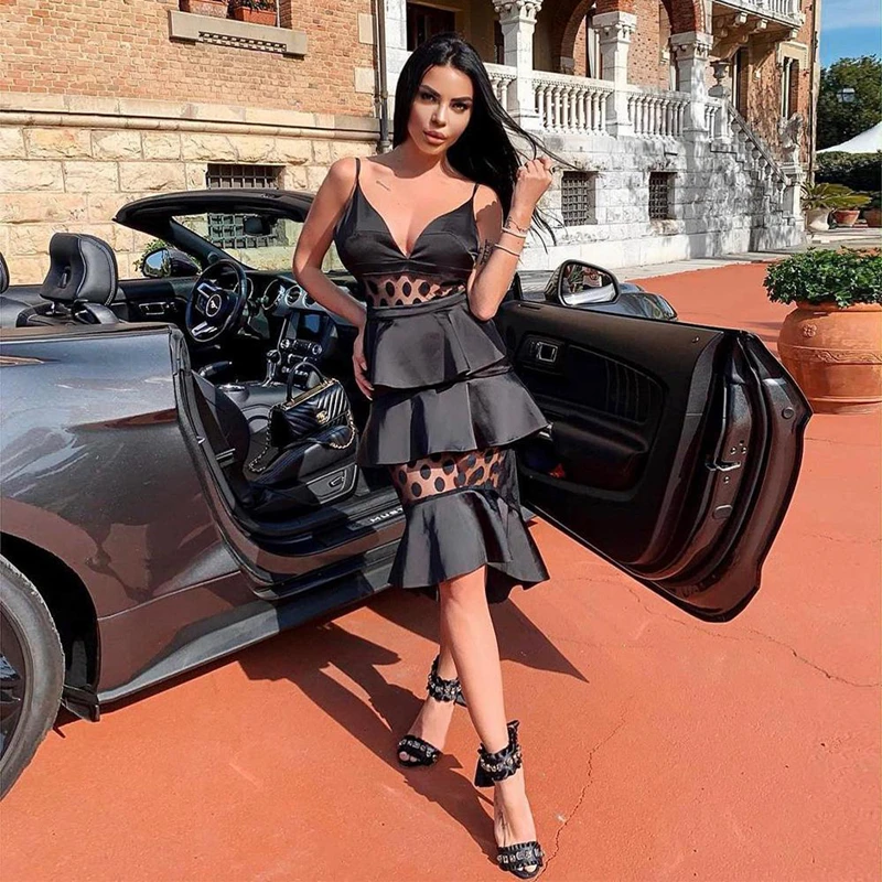 Новинка 2019 женское платье летнее сексуальное Сетчатое в горошек с рюшами Русалка