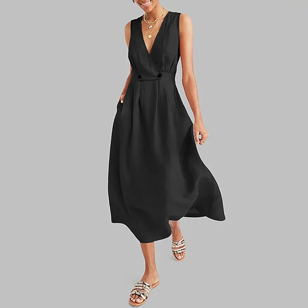 

Sexy Office Lady Solid Sleeveless Dress Summer Deep V Neck High Waist Slim Fit Dress Women Casual Button Hollow Out Party Dress