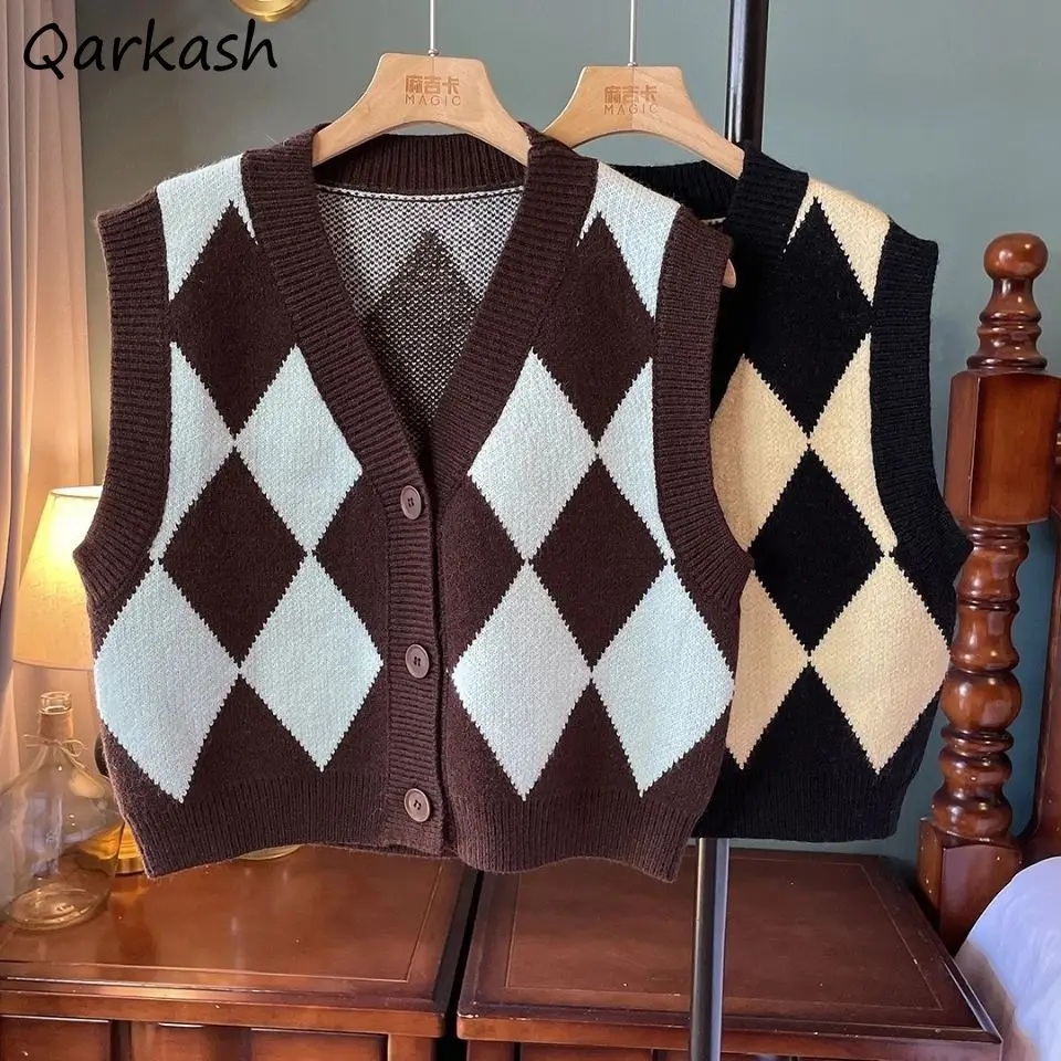 

Argyle Sweater Vest Women Single Breasted Preppy Japan Style Teens Retro V-neck Spring Popular Classic Leisure Feninino Tender