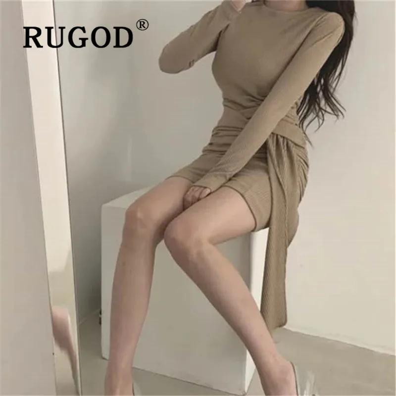 RUGOD Chic Sexy Mini Dress Solid Full Sleeves Top For Women Knitwear Casual Elegant Ladies Dresses Collect Waist Simplee Belt | Женская