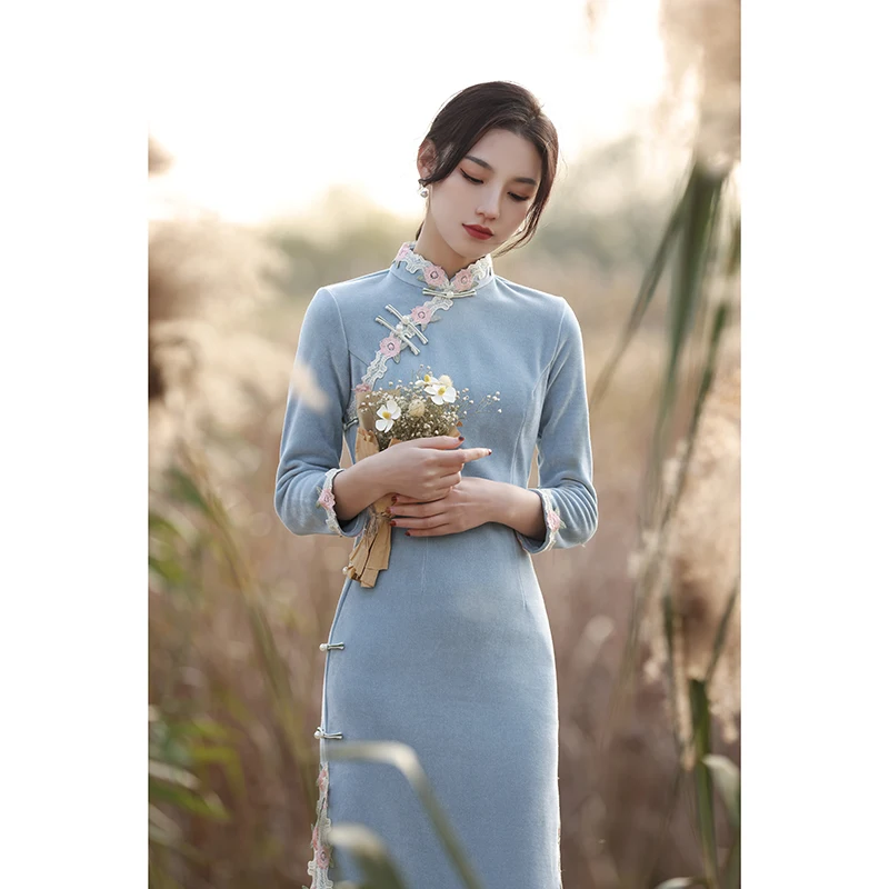 

Floral Chinese Dress Women Vintage Cheongsam Slim Young Modern Qipao Thick Winter Dress Girl Casual Birthday Party Lady Vestidos