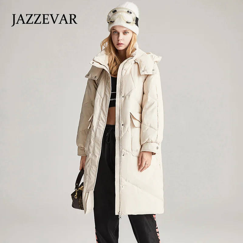 JAZZEVAR Medium and Long Down Jacket Female White Duck Hooded Thickened Warm Loose High-end Coats