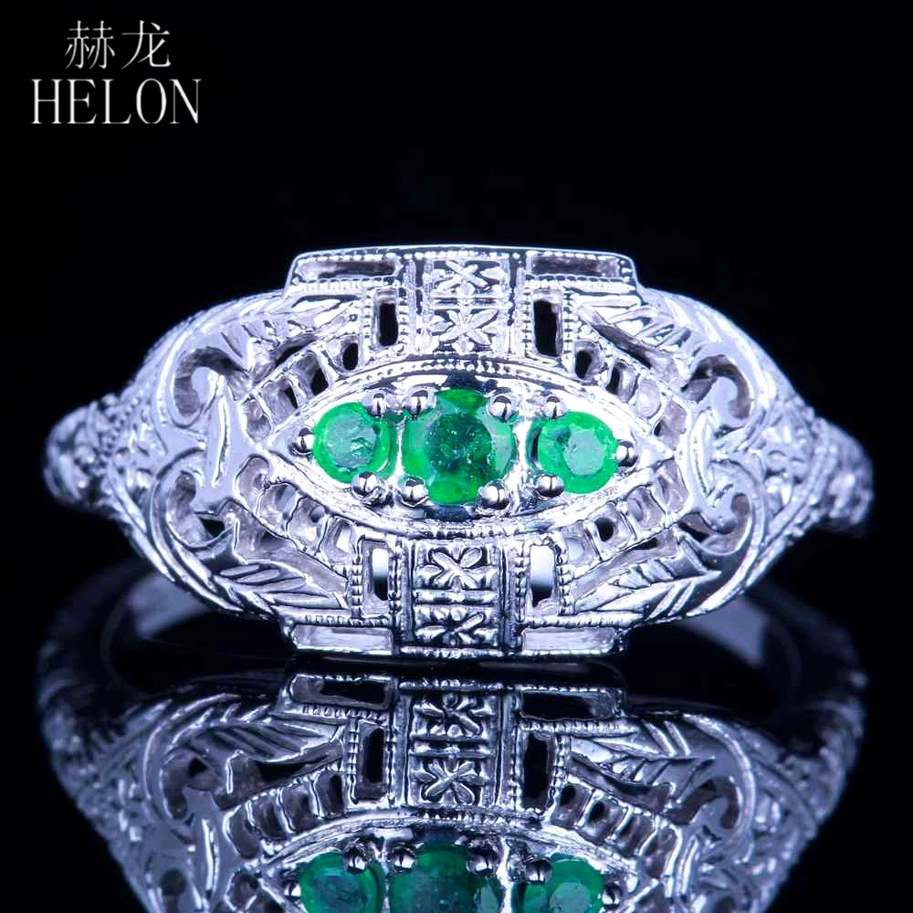 

HELON Solid 14k White gold AU585 0.2ct Green Treated Emerald Vintage Antique Engagement Wedding Ring Women Trendy Fine Jewelry