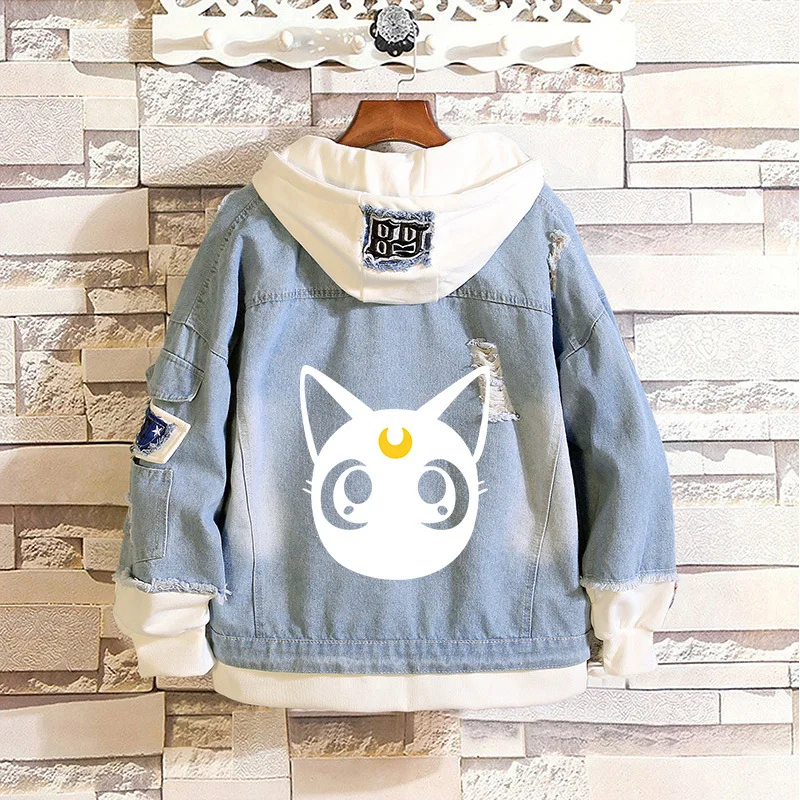 

Sailor Moon Costume Denim Jacket Tsukino Usagi Cosplay Hooded Jackets Men and Women Couples Ripped Sweater Adult Coats