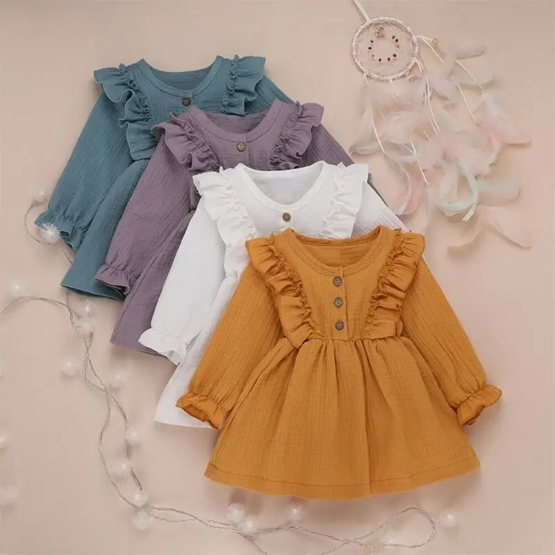 

Toddler Kids Baby Girl Solid Clothes Long Sleeve Dress Cotton Linen Dresses