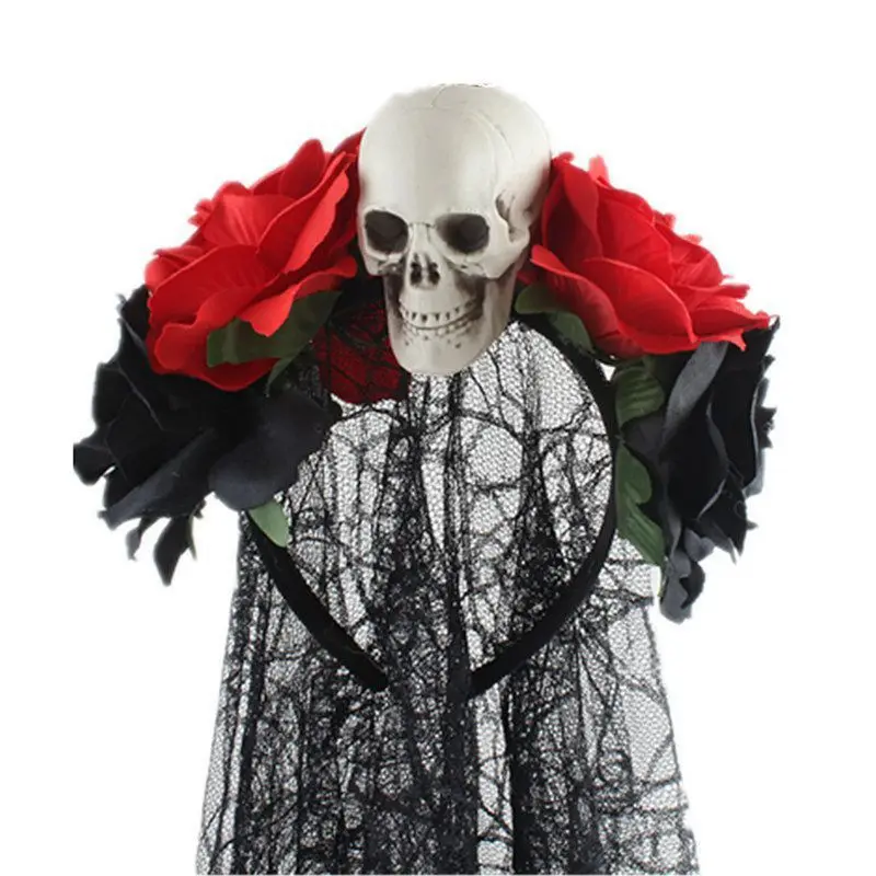 

Women Halloween Artificial Rose Flower Skull Face Headband with Black Lace Veil Day of The Dead Crown Cosplay Hair My19 21