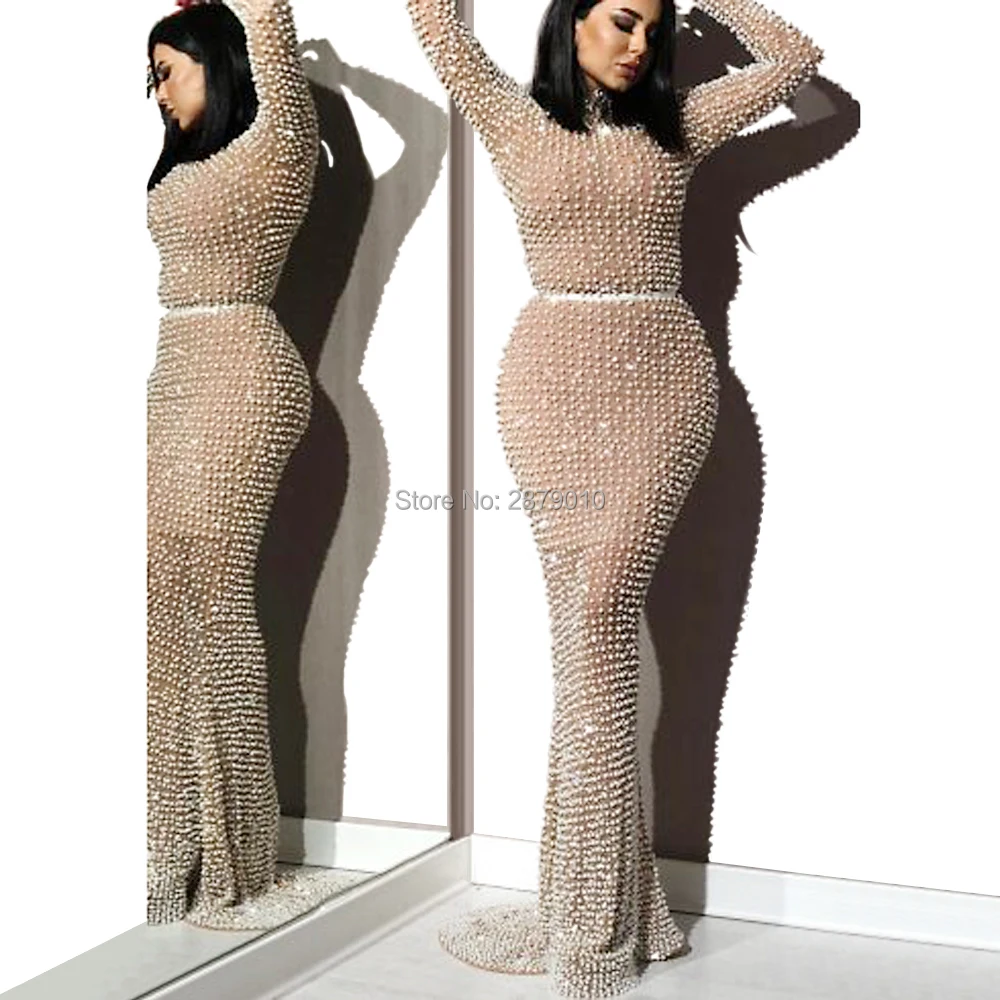 Beste Nieuwe Aankomst Kalkoen Champagne Avondjurk High-Hals Mermaid Tulle Volledige Mouwen Kralen Parel Full-Lengte Formele Kleding Dubai
