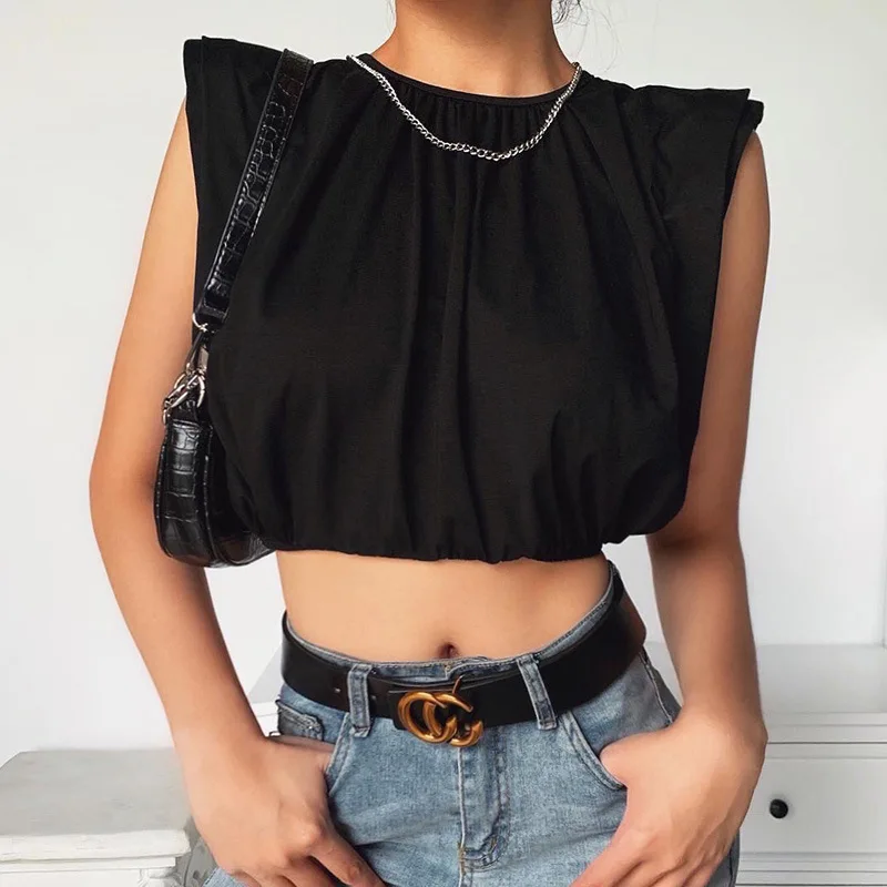 

New High Waist Bottoming Shirt Street Shirt Ladies Cotton Thick Shoulder Shirt Crop Top Black Gothic Sleeveless Sexy Shirt