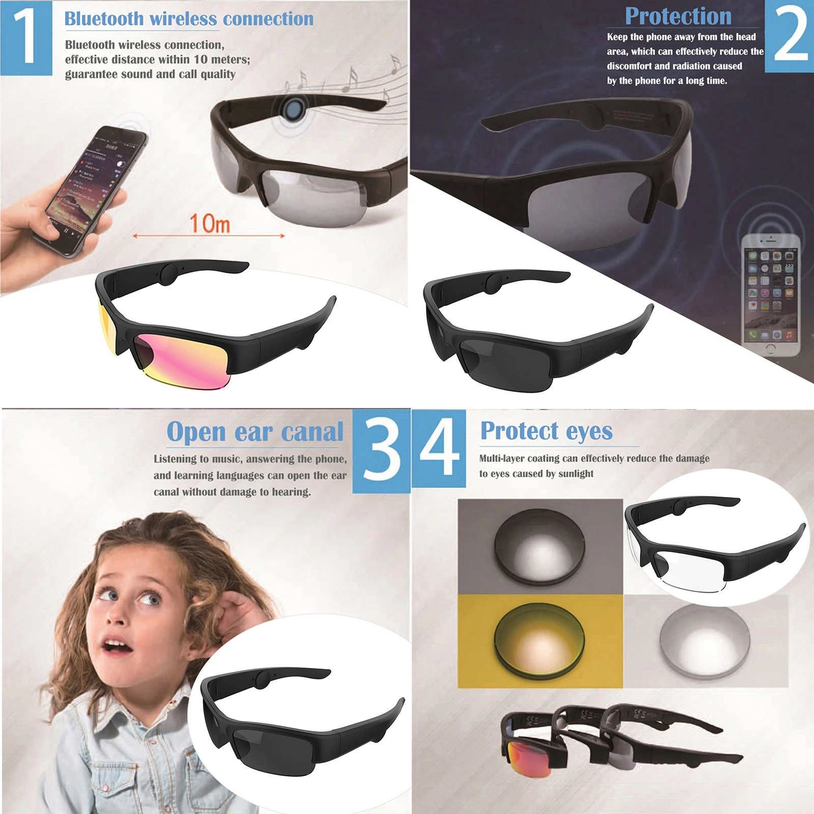 저렴한 스마트 안경 무선 선글라스 골전도 헤드폰 헤드셋 (마이크 포함)