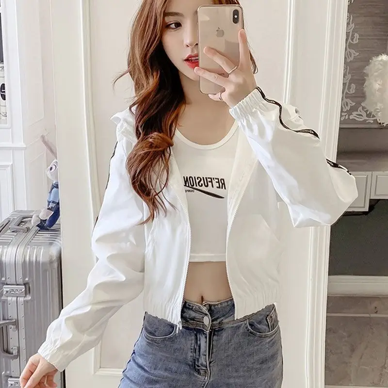 

Spring autumn new leisure sports cardigan coat women's thin zipper short hooded top